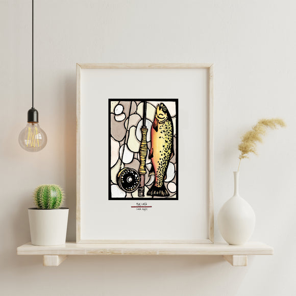 Big Catch trout (fish) framed Sarah Angst Art giclee reproduction print. Created & reproduced in Bozeman, Montana.