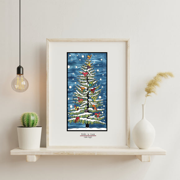 Birds in snow holiday framed Sarah Angst Art giclee reproduction print. Created & reproduced in Bozeman, Montana.