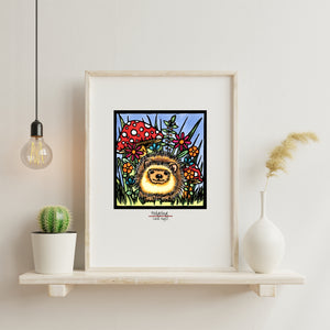 Hedgehog framed Sarah Angst Art giclee reproduction print. Created & reproduced in Bozeman, Montana.