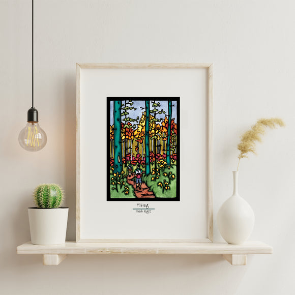 Hiking in Autumn Color framed Sarah Angst Art giclee reproduction print. Created & reproduced in Bozeman, Montana.