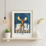 Holiday Moose framed Sarah Angst Art giclee reproduction print. Created & reproduced in Bozeman, Montana.
