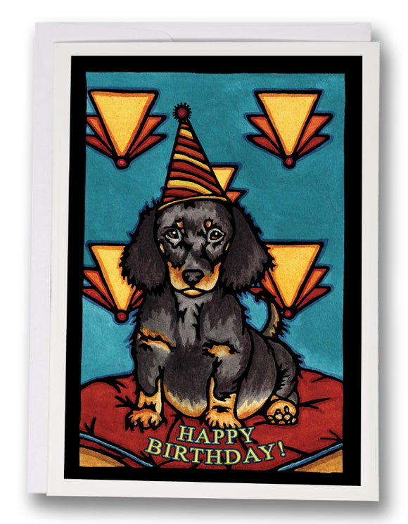 SA159: Birthday Dachshund - Sarah Angst Art Greeting Cards, Giclee Prints, Jewelry, More